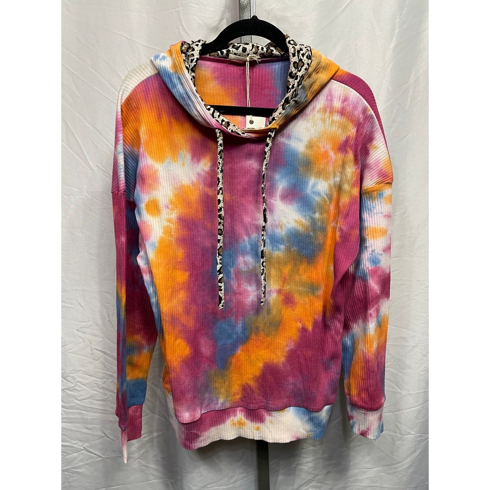 AND‎ THE WHY Tie Dye Leopard Lined Hoodie Size L Ribbed Knit